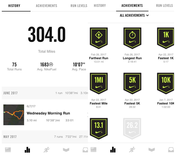 Some of the available achievements in the NikeRunClub app (Nike +)